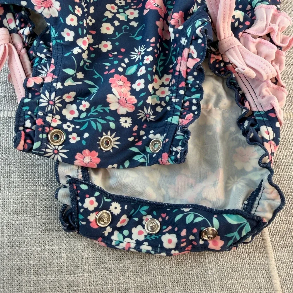 Ruffle Butts Long Sleeve Swimsuit 6-12 Months Blue Floral With Hat‎